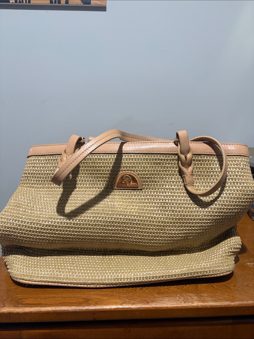 Etienne Aigner Beige Straw Shoulder Bag with Tan Trim